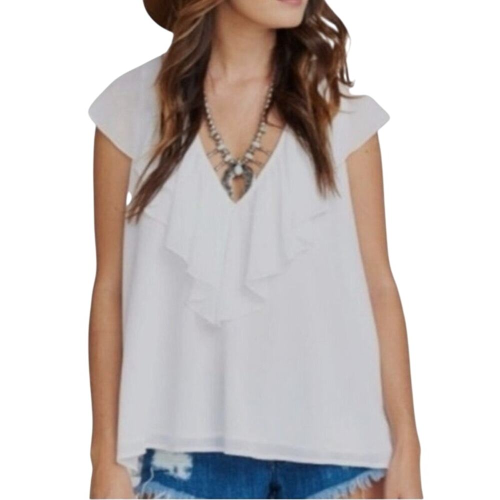 Show me Your Mumu Top XS White Ruffle V-Neck Blouse Oversized Minimal Neutral